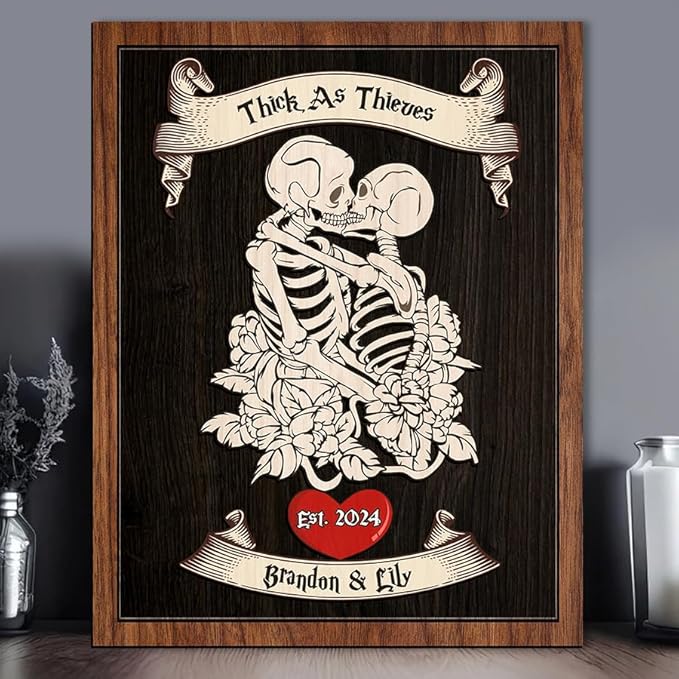 Personalized Couple Skeleton Wooden Sign, Ghost Couple Gift, Halloween Skeletons Wedding Frame Sign, Gothic Decor Sign, Wood Sign Valentine Birthday Gifts for Him Her Boyfriend Bridal Party a11