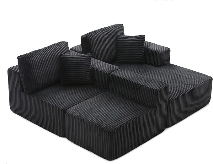 L Shaped Modular Boneless Sectional Couches for Living Room, Wide Armrest, Deep Seat, Memory Foam, Assembly Free, Modern Comfy Corduroy Fluffy Cloud Sofa with Right Chaise, Black