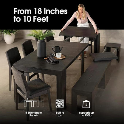 Transformer Table - Solid Wood Extendable Dining Table, Seats 2-12, Expandable Dining Room Table, Space-Saving Furniture, Expandable Dining Furniture, Black (Table Only)