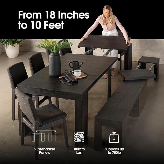 Transformer Table - Solid Wood Extendable Dining Table, Seats 2-12, Expandable Dining Room Table, Space-Saving Furniture, Kitchen and Dining Room Furniture (Black, Table + 4 Chairs)