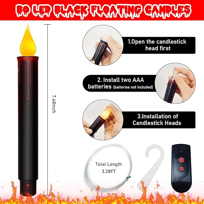 Halloween Decorations Candles Lights, 10 Pcs Christmas Black Floating Candles with Remote, Hanging Flickering Warm Flameless Candles LED Battery Operated Candles for Indoor Halloween Christmas Party