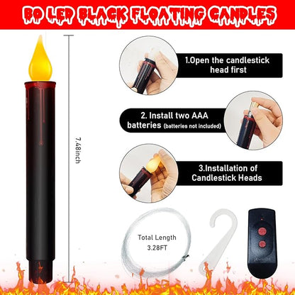 Halloween Decorations Candles Lights, 10 Pcs Christmas Black Floating Candles with Remote, Hanging Flickering Warm Flameless Candles LED Battery Operated Candles for Indoor Halloween Christmas Party