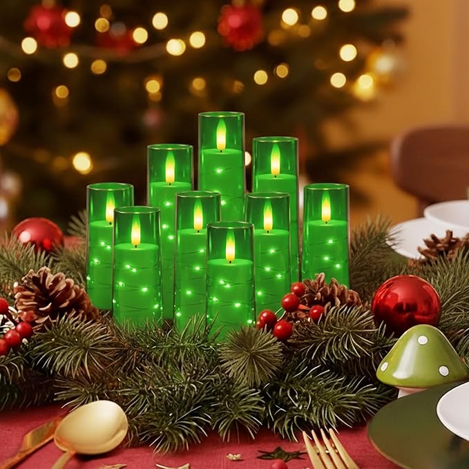 Raycare Flameless Candle with Remote Timer – 9 Flickering Acrylic Battery Operated LED Pillar Candles with Embedded Star String for Christmas, Home Decor, and as a Gift(Green)