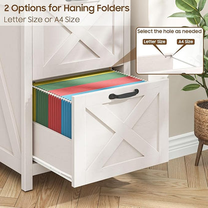 2 Drawer Small File Cabinet, Farmhouse Vertical Filing Cabinet Fits Letter and A4 Size, Under Desk Wooden File Cabinets for Home Office, Printer Stand, White and Black