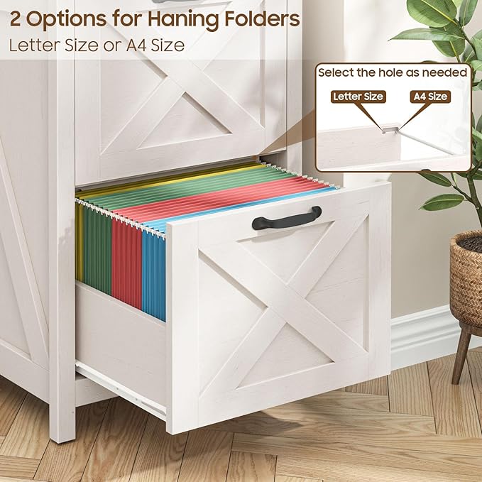 2 Drawer Small File Cabinet with Lock, Farmhouse Vertical Filing Cabinet Fits Letter and A4 Size, Under Desk Wooden File Cabinets for Home Office, Printer Stand, Rustic White