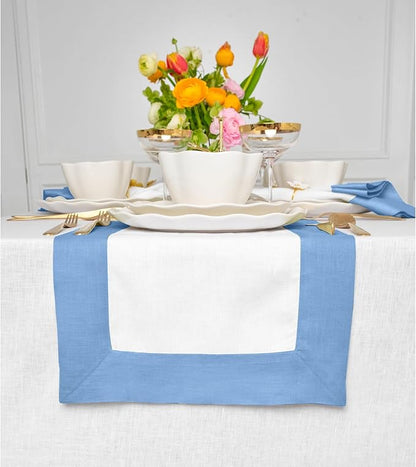 Solino Home Linen Table Runner 72 Inches Long - Cornflower Blue and White 100% Pure Linen 14 x 72 Inch Table Runner for Dining - Contempo