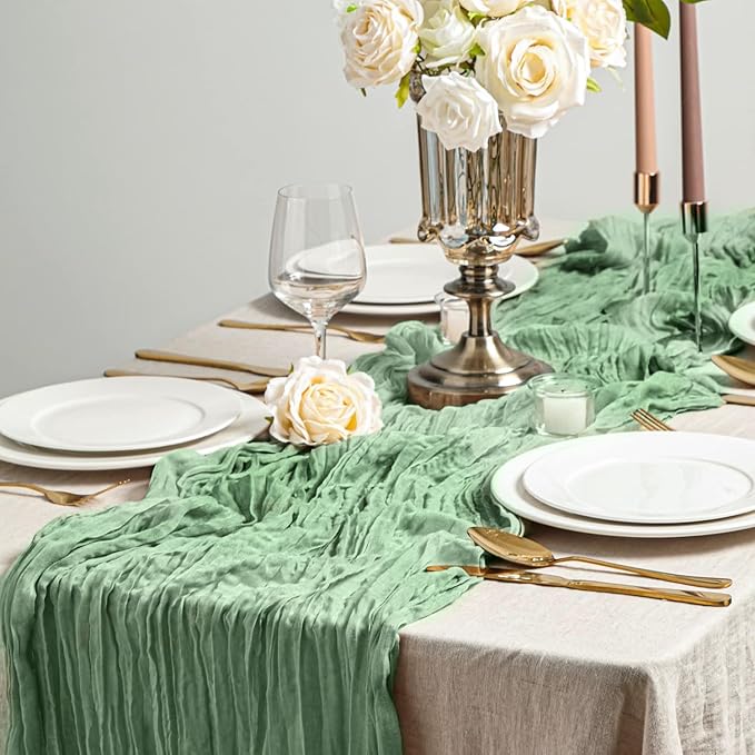 Cotton Sage Green Cheesecloth Table Runner, 13FT Cotton Table Runner Rustic Boho Green Cheese Cloth Runner for Wedding Bridal Baby Shower Table Decoration