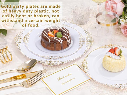 YOUBET 700PCS Gold Plastic Dinnerware Set - White and Gold Disposable Plates for 100 Guest - 200 Disposable Plates, 300 Heavy Duty Plastic Silverware, 100 Cups,100 Napkins for Wedding Thanksgiving
