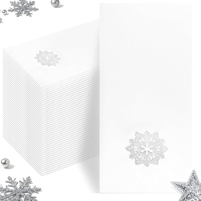 50 Pack Christmas Snowflake Paper Napkins - Cloth-like Christmas Disposable Hand Towels, Silver Premium Quality Xmas Dinner Napkin for Home Kitchen Table Bathroom Holiday Decor