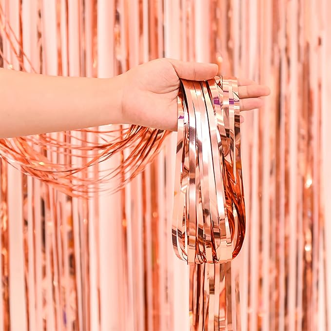 2 Pcs Rose Gold Metallic Tinsel Foil Fringe Curtains Backdrop, 3.28 ft x 6.56 ft Streamers for Birthday Wedding Engagement Bachelorette Party Photo Booth Bridal Shower Baby Shower Decorations Supplies