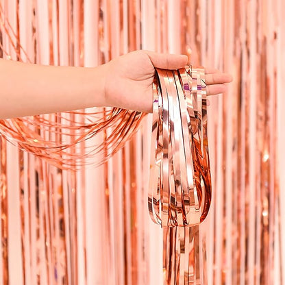 2 Pcs Rose Gold Metallic Tinsel Foil Fringe Curtains Backdrop, 3.28 ft x 6.56 ft Streamers for Birthday Wedding Engagement Bachelorette Party Photo Booth Bridal Shower Baby Shower Decorations Supplies