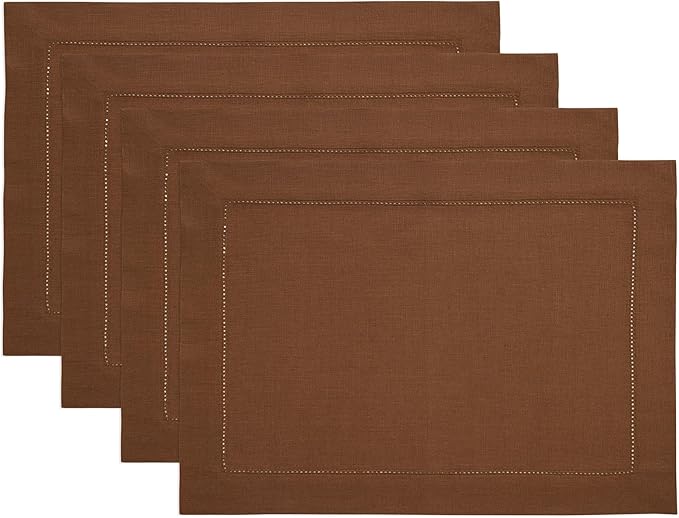 Solino Home Linen Placemats Set of 4 - Classic Hemstitch Brown Placemats 14 x 19 Inch - 100% Pure Linen Table Mats for Fall, Autumn