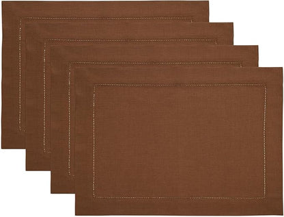 Solino Home Linen Placemats Set of 4 - Classic Hemstitch Brown Placemats 14 x 19 Inch - 100% Pure Linen Table Mats for Fall, Autumn