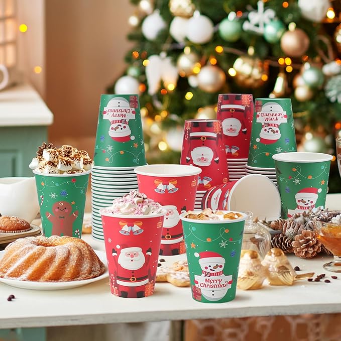 Lamosi Christmas Paper Cups 12 oz 100 Pack, Disposable Coffee Cups Hot/Cold Beverage for Xmas Party, Holiday, Cafe, Restaurant