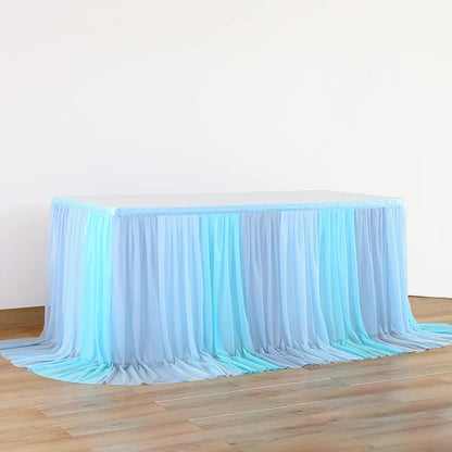 Tulle Table Skirt Blue Tutu Striped Table Skirts for Rectangle Tables Baby Shower Under the Sea Baby Shark Birthday Parties Decoration 14ft