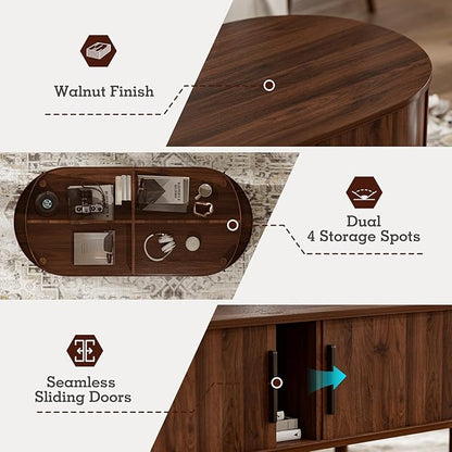 Coffee Table for Living Room, Modern Oval Coffee Table with Cabinets & Sliding Doors, Home Small Space, 47.2" Fluted Center Table, Walnut