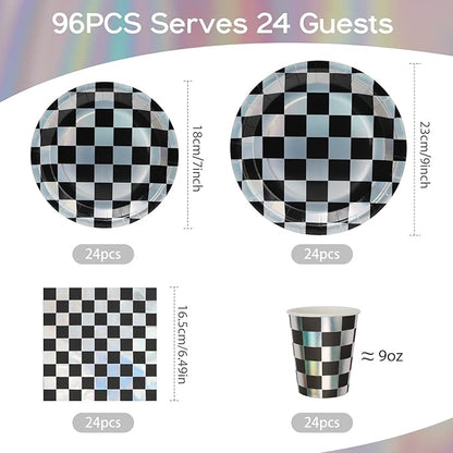 96pcs Disposable Checkerboard Pattern Tableware Set Black and White Kids Birthday Party Paper Plates Round for 24 Guests Table Supplies Picnic Tea Party (Include Plates, Cups and Napkins)