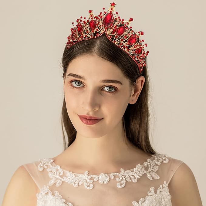 COCIDE Gold Queen Crown for Women Baroque Princess Red Tiara for Girls Crystal Pearl Mermaid Rhinestones Hair Accessories for Bride Birthday Party Bridesmaids Halloween Costume Cosplay