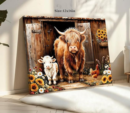 ZOIYINO Farmhouse Highland Cow Wall Art Rustic Country Sunflower Cow Pictures Wall Decor,Farm Animal Cattle Sunflower Prints Painting Modern Artwork Bedroom Living Room Home Decorations 12"X16"