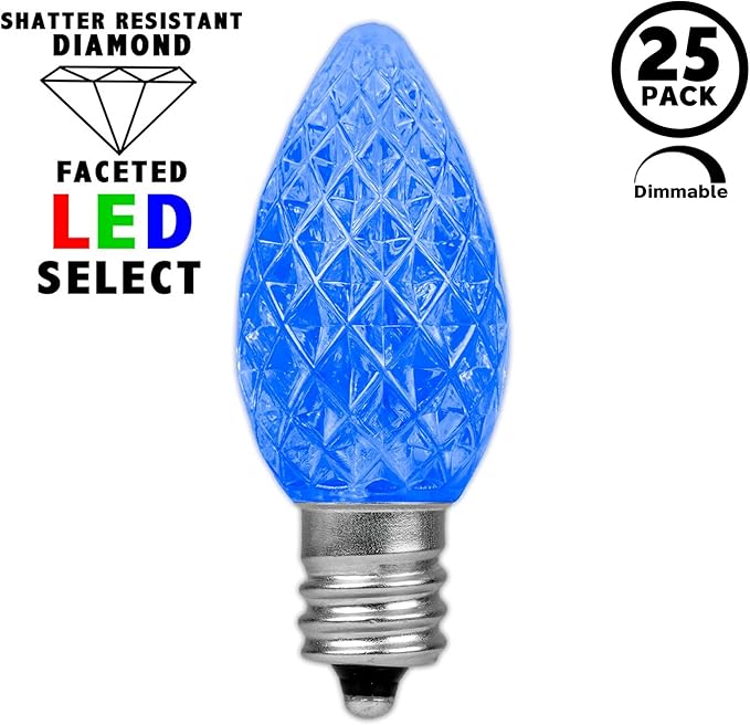 Novelty Lights 25pk Blue C7 LED Faceted Christmas Light Replacement Bulbs, Ultra Bright Dimmable Replacement Lamps for Indoor/Outdoor Light Strings