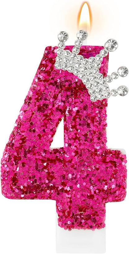 Hot Pink Birthday Candles Crown Number 4 Candle 4th Birthday Party Decorations Cake Topper Cupcake Decor for Anniversary Celebrations Supplies