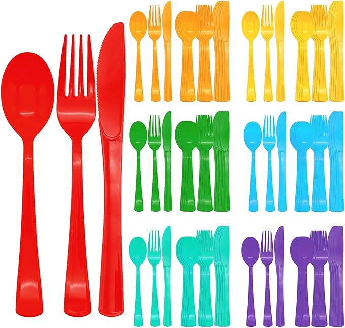 294 Pcs Neon Plastic Silverware Pastel Disposable Silverware Heavy Duty Colorfu Plastic Cutlery Set Includes 98Plastic Forks 98 Knives 98 Spoons for All Occasions（7 Colors）