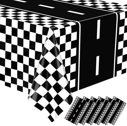 WNINK 6 Pack Race Car Table Cloth Black and White Gingham Tablecloths Disposable Plastic Buffalo Check Tablecloth Checkered Flag Covers for Birthday, Outdoor Picnic, Birthday, Camping 54 × 108 Inch