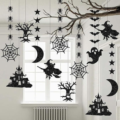 Halloween Black Creepy Vintage Party Decorations - 12Pcs Hanging Streamers Garland,Bat Witch Spider Swirl Ceiling Outdoor Indoor Wall Decor Party Props,Porch Room Scary Supplies Hugtmr