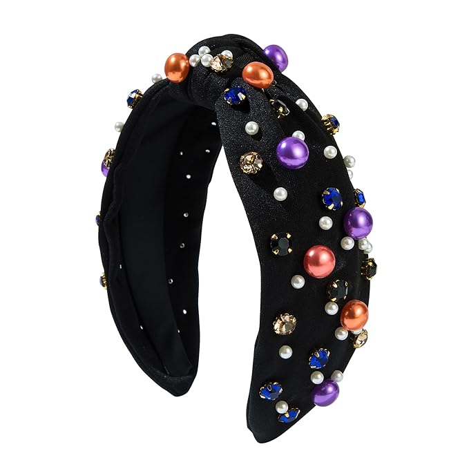 Halloween Pearl Knotted Headband for Women Girls Non Slip Rhinestone Embellished Hair Hoop Halloween Headbands Hair Accessories Gift (Black)