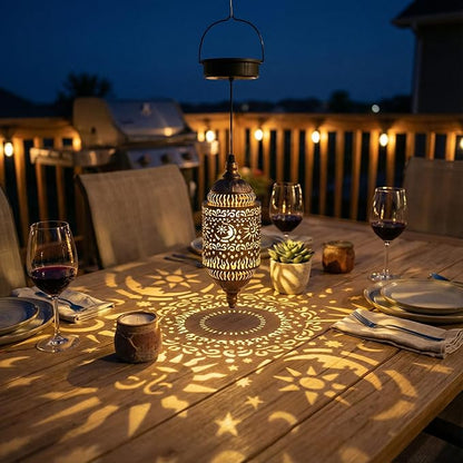 Moroccan Hanging Solar Lights Outdoor 1 Pack Garden Decor Sun and Moon Decorations Solar Lantern Waterproof for Patio Pathway Yard Backyard Garden Decorative (1)