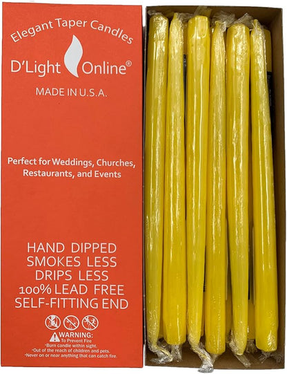 D'light Online Elegant 10" Unscented Yellow Taper Candles, Premium Quality Hand-Dipped Tapered Candles, Dripless and Smokeless - Set of 12 Individually Wrapped (10 Inch, Yellow)