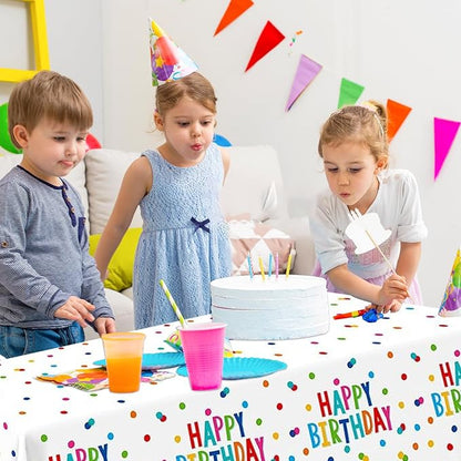 2 Packs Happy Birthday Tablecloth Plastic 54 X 108Inch, Birthday Party Decorations Table Cloth Disposable Colorful Rainbow Dots Birthday Table Cover for Boys Girls Birthday Party Supplies (Birthday)