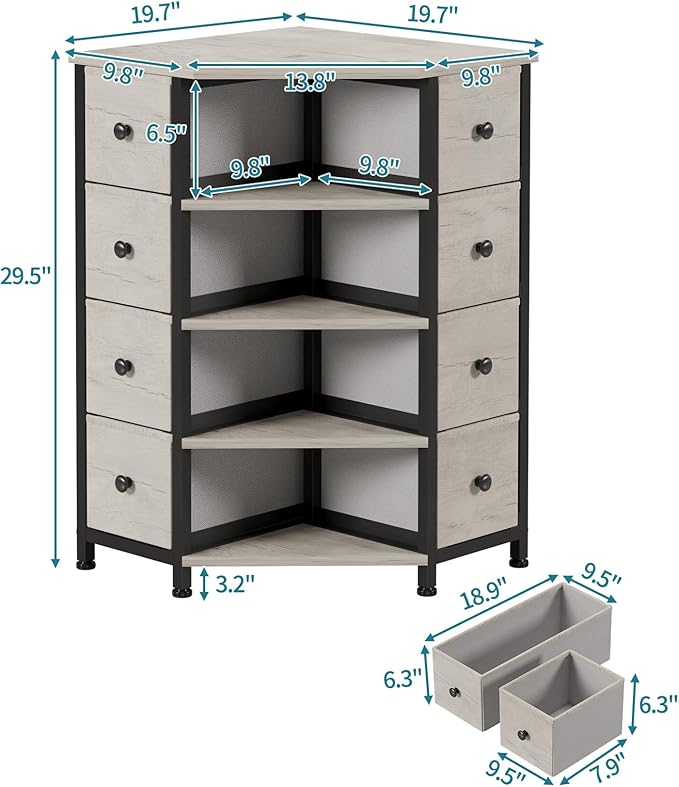 LUMTOK 8 Drawers Corner Dresser with Storage Fabric Drawers and Open Shelves for Small Space，Bedroom，Entryway，Living Room (Greige)