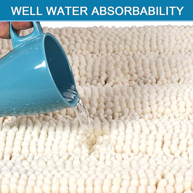 H.VERSAILTEX Bathroom Rugs Bath Rug Set 2 Piece Bathroom Contour Rug Toilet Mat Sets Non Slip Contour Bath Rug Ultra Thick Water Absorbent Striped Bath Mats Washable(47" x 17" Plus 20" x 20" U, Ivory)