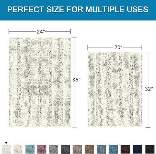 H.VERSAILTEX 2 Piece Bathroom Set - Super Absorbent Chenille Striped Bath Mats, Non Skid, Machine Washable (Cream, 24 x 36 Plus 20 x 32 - Inches)