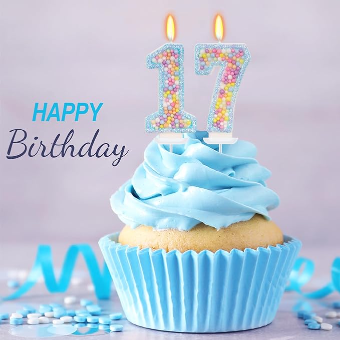 Blue Birthday Candles - Number 17 Candle, Colorful Macaron Candles, 17 Birthday Decorations for Girls Boys, Cake Decorations, Theme Party Supplies (Blue)