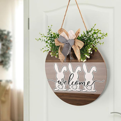 Harooni Easter Door Sign 12x12 Inch Wooden Welcome Hanging Sign with Easter Rabbits and Buffalo Plaid Bow