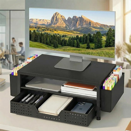 Desk Organizer and Accessories, 2-Tier Computer Monitor Stand Rise with Storage Drawer & 2 Pen Holders, Laptop & Printer Stand for Desktop, Workspace Organizers for Office Supplies (Black Wood)