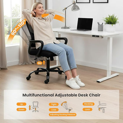 Sweetcrispy Home Office Managerial Executive Chair, Ergonomic Mesh Adjustable Swivel Mid-Back Computer Desk Chair with Comfortable Lumbar Support, Comfy Arms for Bedroom,Study