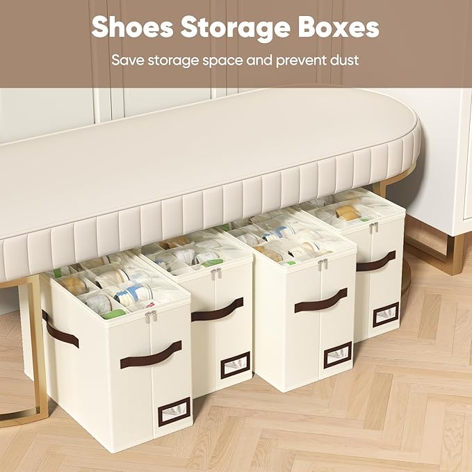 OIAHOMY 4 Pack Shoe Organizer for Closet, Foldable Shoe Storage Bins with Adjustable Dividers, Stackable Oxford Cloth Sneaker Boxes for Entryway Bedroom, Fits Up to 32 Pairs, Beige