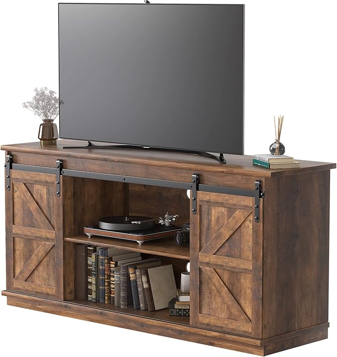 JUMMICO TV Stand for 65 Inch TV, Entertainment Center with Storage Cabinets and Sliding Barn Doors, Mid Century Modern Media TV Console Table for Living Room Bedroom (Rustic Oak)