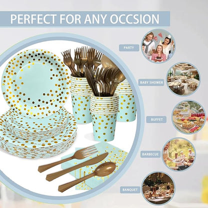 175 Pcs Blue and Gold Paper Plates and Napkins Set, Disposable Dinnerware for 25 Guests for Birthday Wedding Baby Shower