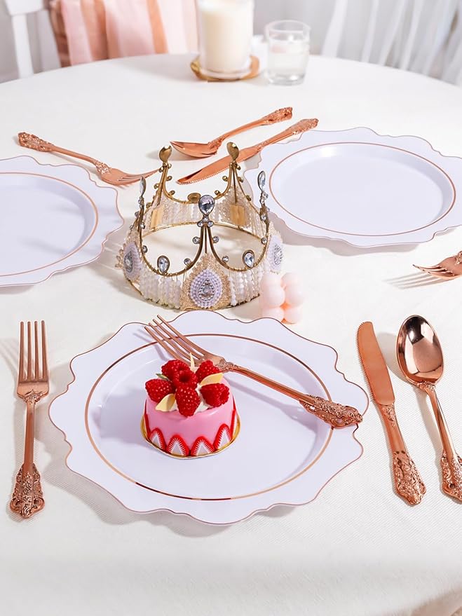 WDF 120-Piece Rose Gold Plastic Silverware - Heavy Duty Disposable Rose Gold Cutlery Set - Includes 40 Forks, 40 Spoons, 40 Knives for Wedding