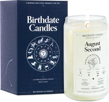 Birthdate Candles, August 2 - Leo Zodiac Scented Candles Birthday Gift - Rosemary, Chamomile & Shea Scent - All-Natural Soy & Coconut Wax, 60-80 Hour Burn Time - Made in USA