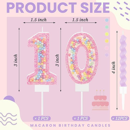 MTLEE Number 10 Birthday Candle with 12 Pcs Spiral Candles for Girls Macaron Pastel Rainbow Unicorn Pink Cake Topper for Sweet Theme Party Decoration