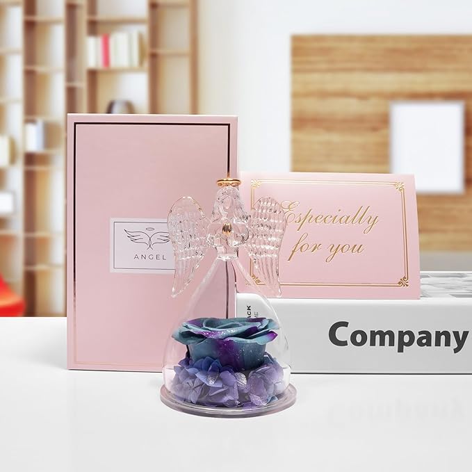 Miofula Angel Rose Birthday Gifts for Mom, Preserved Flower Rose in Glass Angel Figurines, Forever Real Rose Gift for Women Mom Grandma, Angel Gifts for Her Wife on Valentines Anniversary Mother's Day