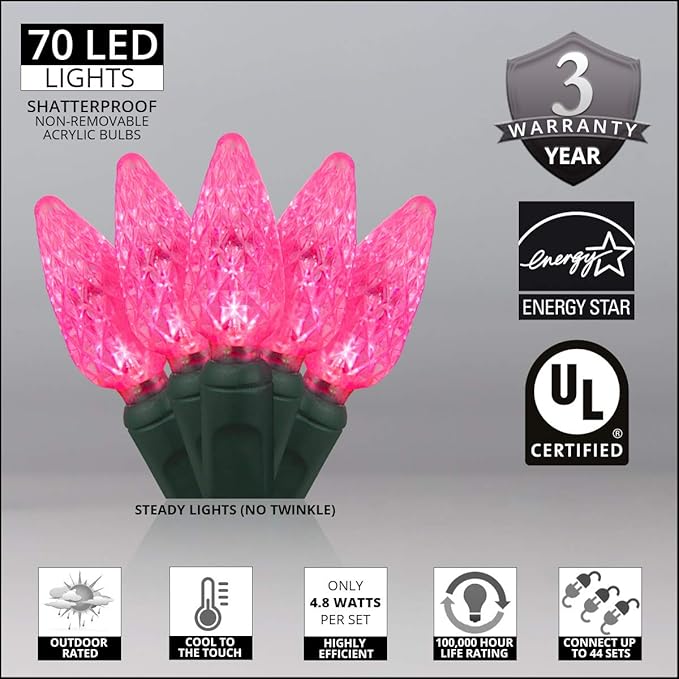 70 Pink C6 LED Christmas Lights, 24 ft Indoor/Outdoor Commercial Grade String on Green Wire, Perfect for Valentine’s Day Lighting