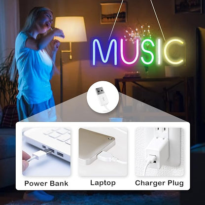 Lucunstar Music Neon Light Neon Sign for Wall Decor Colorful Letters Lights Sign Music Word LED for Bedroom Game Room Club Bar Party Decoration Game Room Decor in Christmas Party