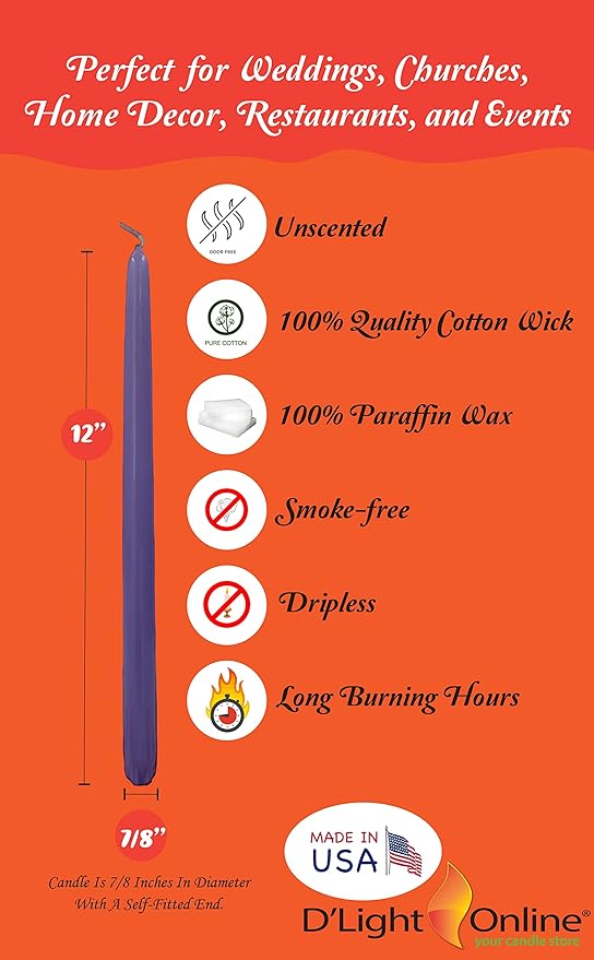 D'light Online Elegant 10" Unscented Pale Lavender Taper Candles, Premium Quality Hand-Dipped Tapered Candles, Dripless and Smokeless - Set of 12 Individually Wrapped (10 Inch, Pale Lavender)