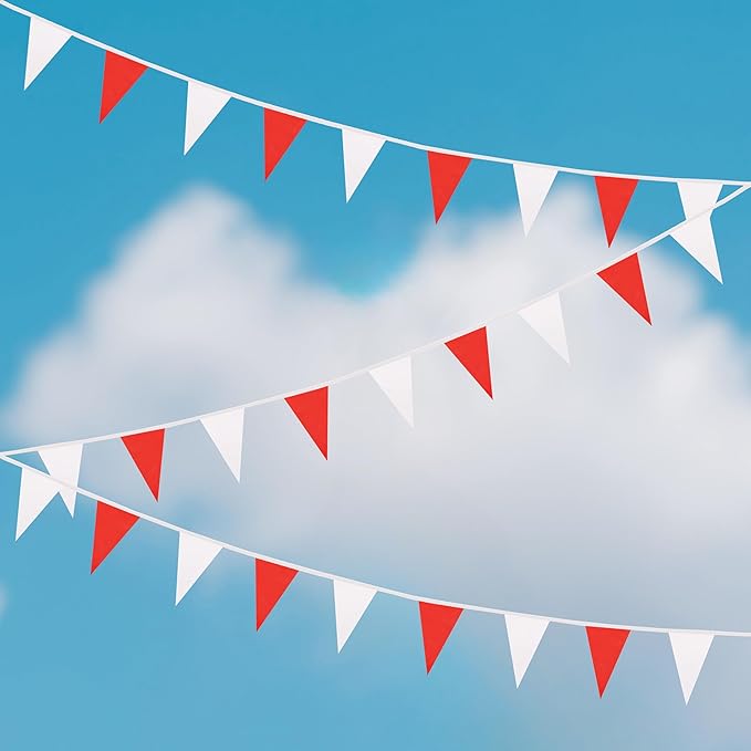 100 Ft White Red Pennant Banner Flag, 60 Pcs String Hanging DIY Bunting Flags for Party, School, Birthday, Wedding, Carnival, Celebrations, Outdoor and Indoor Decorations (White Red)
